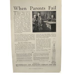Vintage 1927 Metropolitan Life Insurance When Parents Fail Ad Advertisement